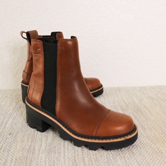 Sorel Joan Now Chelsea Boots Women's 8 Brown Leather Waterproof Lug Sole Block - Picture 1 of 16